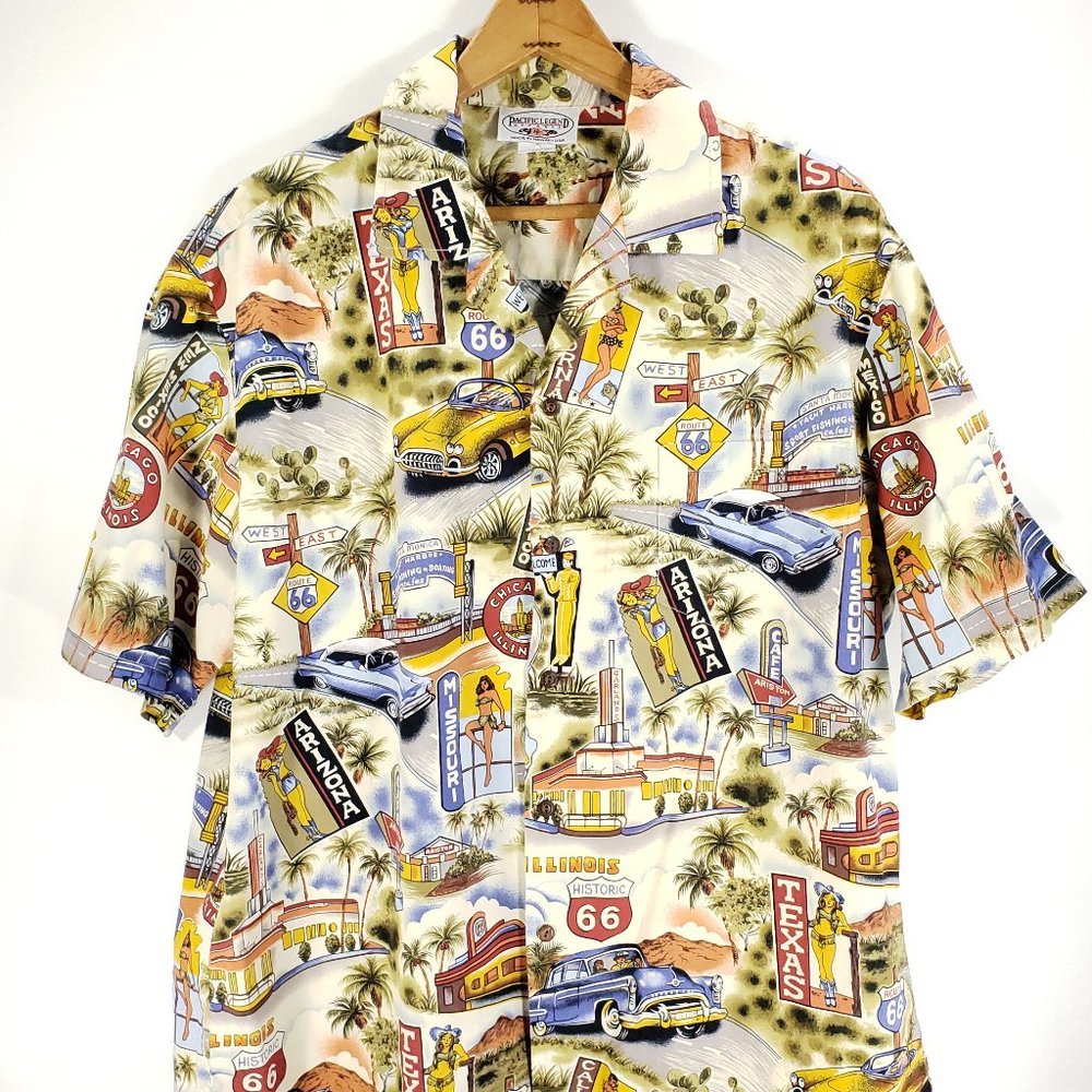 Pacific Legend Hawaiian Shirt Mens XL Route 66 Print Multicolor Short Sleeve